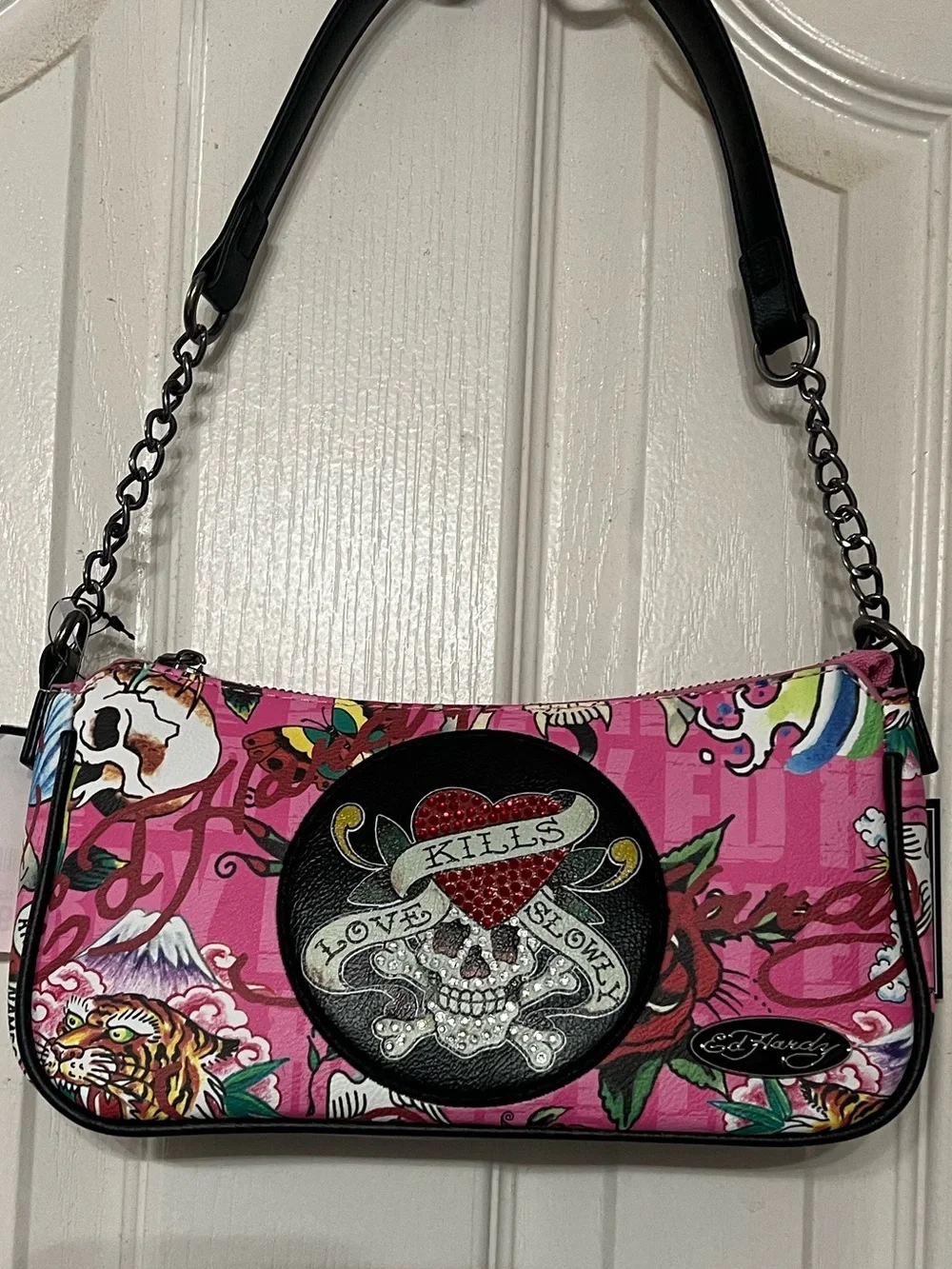 Ed Hardy Love Kills Slowly Pink Shoulder Bag NWT Y2K Skull Purse - Picture 5 of 11